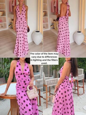 Alyweatry Women Polka Dot Halter Maxi Dress Y2k Sleeveless Deep V Neck Flowy Summer Vacation Beach Sundress in Saudi Arabia