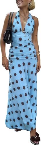 Alyweatry Women Polka Dot Halter Maxi Dress Y2k Sleeveless Deep V Neck Flowy Summer Vacation Beach Sundress in Saudi Arabia