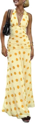 Alyweatry Women Polka Dot Halter Maxi Dress Y2k Sleeveless Deep V Neck Flowy Summer Vacation Beach Sundress in Saudi Arabia