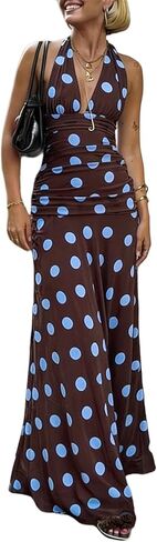 Alyweatry Women Polka Dot Halter Maxi Dress Y2k Sleeveless Deep V Neck Flowy Summer Vacation Beach Sundress in Saudi Arabia
