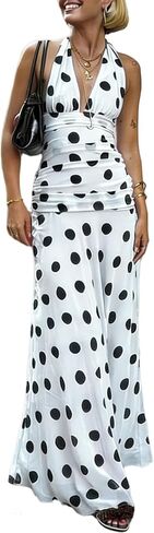 Alyweatry Women Polka Dot Halter Maxi Dress Y2k Sleeveless Deep V Neck Flowy Summer Vacation Beach Sundress in Saudi Arabia