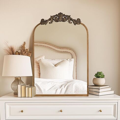 مرايا USHOWER Gold Anthropologie العتيقة للجدار، مقاس 60.96 سم × 91.44 سم، طراز باروكي عتيق مع إطار مزخرف، زخرفة نحاسية مقوسة للمدفأة والحمام وغرفة المعيشة وإعادة تشكيل المدخل in Saudi Arabia
