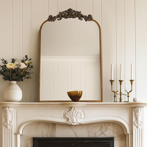 مرايا USHOWER Gold Anthropologie العتيقة للجدار، مقاس 60.96 سم × 91.44 سم، طراز باروكي عتيق مع إطار مزخرف، زخرفة نحاسية مقوسة للمدفأة والحمام وغرفة المعيشة وإعادة تشكيل المدخل in Saudi Arabia