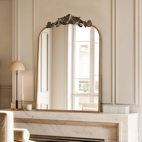 مرايا USHOWER Gold Anthropologie العتيقة للجدار، مقاس 60.96 سم × 91.44 سم، طراز باروكي عتيق مع إطار مزخرف، زخرفة نحاسية مقوسة للمدفأة والحمام وغرفة المعيشة وإعادة تشكيل المدخل in Saudi Arabia