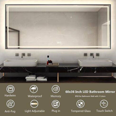 مرآة حمام LED بطول 91.44 سم × عرض 152.4 سم مع أضواء، مرآة زينة للحمام مؤطرة قابلة للتعتيم، مضادة للضباب، بإضاءة خلفية وأمامية، مرآة مضاءة قابلة للتعتيم بدون خطوات، مرآة زينة مضاءة للجدار in Kuwait