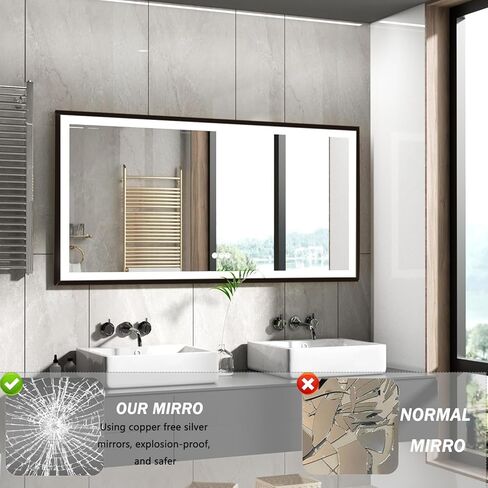 مرآة حمام LED بطول 91.44 سم × عرض 152.4 سم مع أضواء، مرآة زينة للحمام مؤطرة قابلة للتعتيم، مضادة للضباب، بإضاءة خلفية وأمامية، مرآة مضاءة قابلة للتعتيم بدون خطوات، مرآة زينة مضاءة للجدار in Kuwait