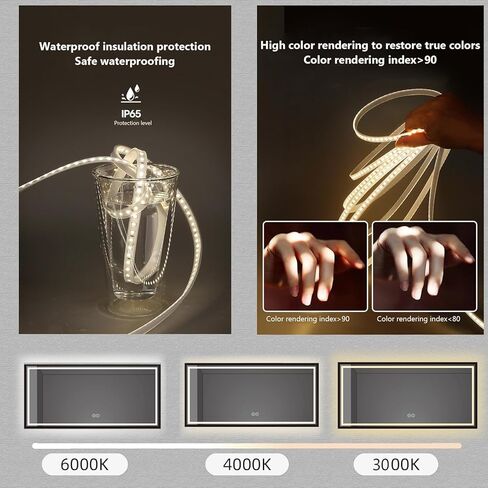 مرآة حمام LED بطول 91.44 سم × عرض 152.4 سم مع أضواء، مرآة زينة للحمام مؤطرة قابلة للتعتيم، مضادة للضباب، بإضاءة خلفية وأمامية، مرآة مضاءة قابلة للتعتيم بدون خطوات، مرآة زينة مضاءة للجدار in Kuwait