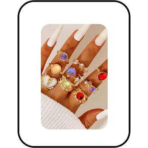 9Pcs Gold Gemstone Rings Set for Women Heart Open Ring Set Irregular Stackable Knuckle Ring Set Sparkly Rhinestone Moonstone Fashion Jewelry Accessories in Saudi Arabia