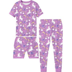 Yoofoss Girls Pajamas 100% Organic Cotton Snug Fit Kids Pjs 3 Piece Sleepwear Short Sleeves & Long Pants Kids Pajamas in Kuwait