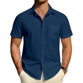 DEMEANOR Mens Short Sleeve Dress Shirts Cotton Solid Casual Summer Wedding Button Down Shirt with Pocket in Kuwait