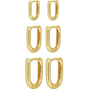 3 Pairs Chunky Gold Hoop Earrings Set for Women Dainty Rectangle Hoop Earrings Lightweight Small Huggie Hoop Earrings Hypoallergenic Minimalist Stud Earrings Trendy Jewelry in Kuwait