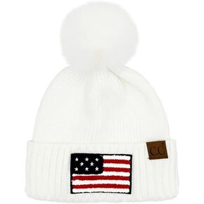 ScarvesMe Women Winter Soft USA American Flag Chenille Beanie Hat with Fur Pom in Kuwait