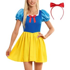 Adult Princess Style SNO White Cosplay Dress for Halloween with Puff Sleeves and Red Bow Headband S in Kuwait