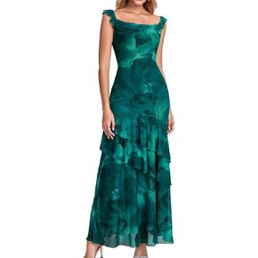 GLNEGE Women’s Floral Maxi Formal Wedding Guest Dress Mesh Ruffle Bodycon Cowl Neck Cocktail Dress Tiered Hem Vacation Dress in Kuwait