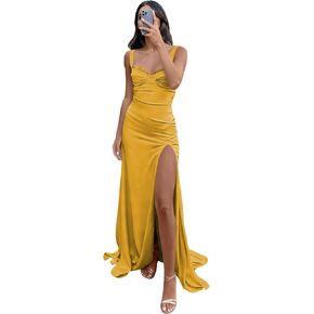 Spaghetti Straps Prom Dresses Long with Slit Mermaid Bodycon Satin Maxi Formal Evening Dress for Women ZU028 in Kuwait