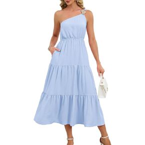 Kikibell Women's Summer One Shoulder Midi Dress Sleeveless Shirred Ruched Flowy Wedding Guest Long Sun Dresses in Kuwait