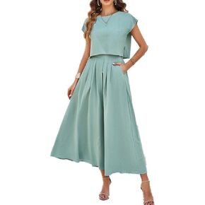 بلوزة نسائية صيفية بدون أكمام ورقبة دائرية فضفاضة كاجوال + مجموعة نصف تنورة بلون سادة مع جيوب in Kuwait