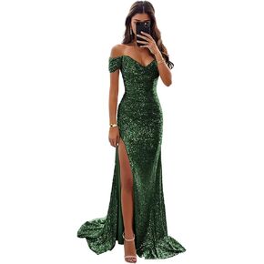Sparkly Sequin Prom Dresses for Women Long Off The Shoulder Ball Gowns with Slit Pleated Evening Formal Gown in Kuwait