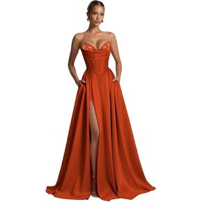 Strapless Corset Prom Dress for Women 2026 Satin Sequin Long A Line Beaded Formal Evening Ball Gown with Slit in Kuwait