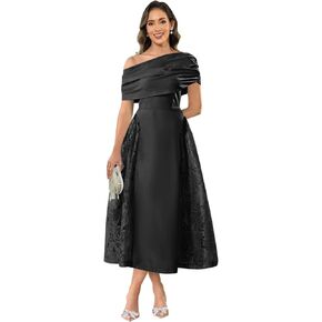 GUKARLEED Women’s Pleated Satin Mother of The Bride Dresses A-line Off The Shoulder Lace Appliques Formal Wedding Guest Dress in Kuwait