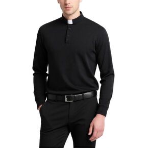Men's Long Sleeve Clergy Polo Shirt - Tab Collar Cotton Blend Pastor Minister Top with Removable White Tabs, Regular Fit in Saudi Arabia