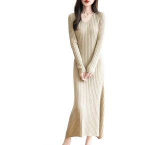 Women's Merino Wool Blend Sweater Dress 2025 Fall Winter V-Neck Long Sleeve Ribbed Cocktail Bodycon Knit Maxi Dress in Kuwait
