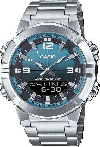 Casio AMW870DA-2A2V Men's Stainless Steel Aqua Blue Dial Analog Digital Dual Time Zone Watch in Saudi Arabia