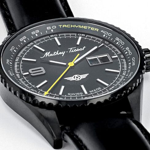 ساعة ماثي تيسوت أطلس كوليكشن للرجال بعرض تاريخي بثلاثة عقارب - هيكل أسود من الفولاذ المقاوم للصدأ مقاس 43 ملم، مينا سوداء مع عداد سرعة ونافذة للتاريخ، تصميم التراث السويسري مع حزام جلدي in Kuwait