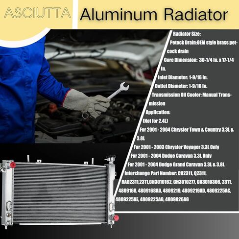 Radiator for 2001-2004 Chrysler Town&Country Grand Voyager Dodge Grand Caravan 3.3L 3.8L V6 Full Aluminum 3 Row Core Engine Radiators Cooler (3 Row Core) in Saudi Arabia