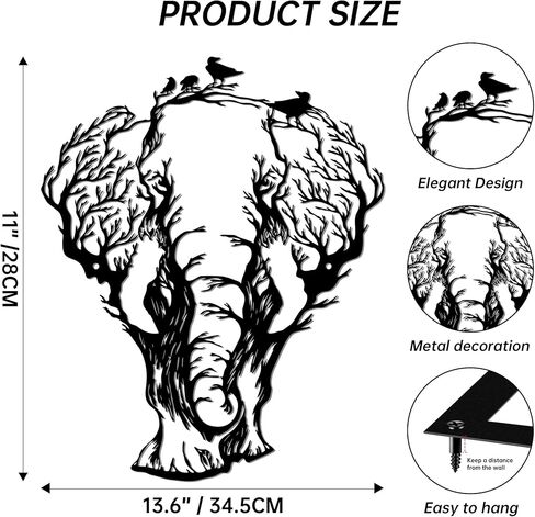 Slickss Elephant Wall Art - African Tree and Bird Silhouette Metal Elephant Decor for Home, Animal Head Wall Decor with African Art Design for Living Room and Bathroom (13.6x11Inch) in Kuwait