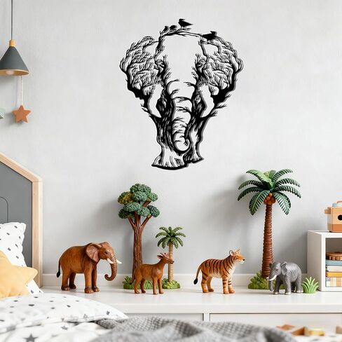 Slickss Elephant Wall Art - African Tree and Bird Silhouette Metal Elephant Decor for Home, Animal Head Wall Decor with African Art Design for Living Room and Bathroom (13.6x11Inch) in Kuwait