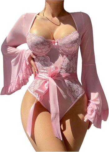 SHENHE Women's Lace Lingerie Sheer Mesh Bell Long Sleeve Low Cut Underwire Teddy Bodysuit in Saudi Arabia