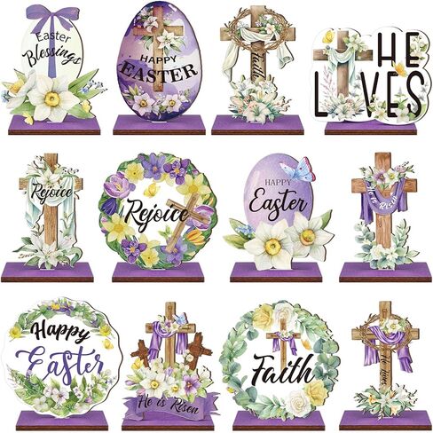 Marsui 12 Pcs Easter Wooden Table Decorations Centerpieces Religious He is Risen Cross Wood Sign Christian Vintage Easter Decor for Home in Saudi Arabia