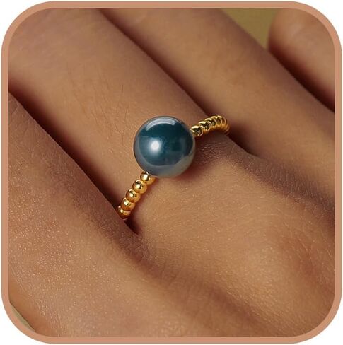 Pearl Rings for Women Dainty 14K Gold Plated Grey Pearl Ring Trendy Thin Beaded Twist Hammered Stacking Rings Minimalist Statement Ring Birthday Jewelry Gift for Mom Wife in Kuwait