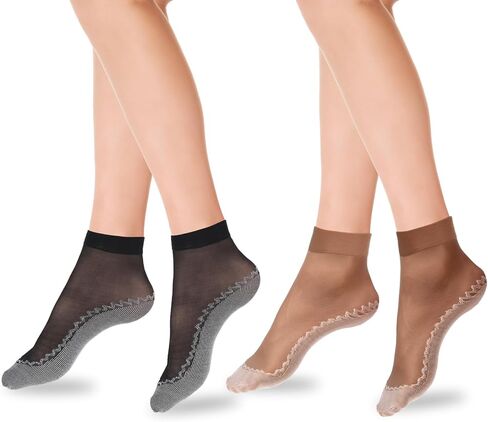 12 Pairs Sheer Socks Women Nylon Socks for Women Sheer Ankle Sock Ankle Stockings Silk Sock w/Reinforced Bottom and Toe (Black, Coffee) in Saudi Arabia