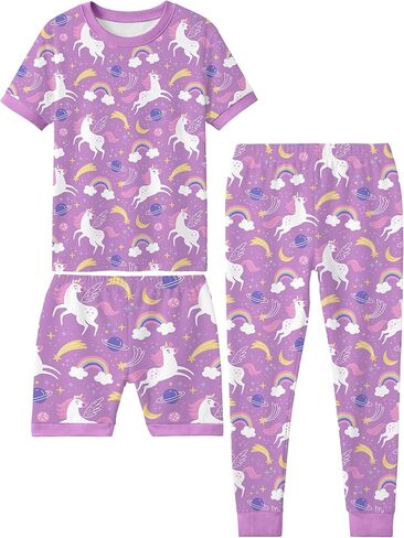 Yoofoss Girls Pajamas 100% Organic Cotton Snug Fit Kids Pjs 3 Piece Sleepwear Short Sleeves & Long Pants Kids Pajamas in Kuwait