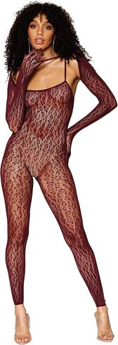 طقم جوارب للجسم للسيدات من Dreamgirl على شكل شبكة صيد السمك مع مجموعة أغطية متطابقة، خط عنق واسع مع أشرطة كتف وأكمام طويلة مع قفازات أصابع مدمجة، مقاس واحد، قطعة واحدة، عنابي in Kuwait