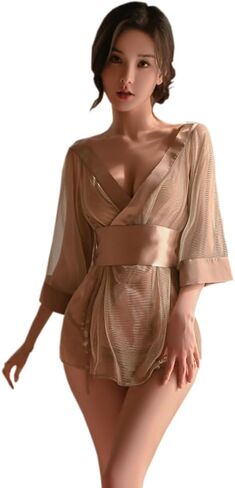 كيمونو مثير للنساء ملابس داخلية فستان شبكي رداء تنكري زي تنكري عميق على شكل حرف V قصير لطيف مفتوح من الأمام ياباني يوكاتا أنيمي نمط الأزهار فتحة جانبية بدلة نوم بيجامة مجموعة ذهبية in Kuwait