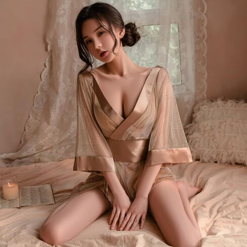 كيمونو مثير للنساء ملابس داخلية فستان شبكي رداء تنكري زي تنكري عميق على شكل حرف V قصير لطيف مفتوح من الأمام ياباني يوكاتا أنيمي نمط الأزهار فتحة جانبية بدلة نوم بيجامة مجموعة ذهبية in Kuwait