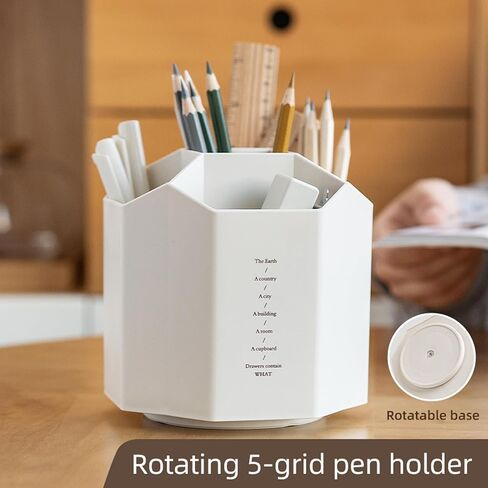 360 Rotating Plastic Desk Pen Organizer with 5 Slots, Dual-Purpose Art Supply Pencil Cup for Office, School, Home (WHITE) in Kuwait