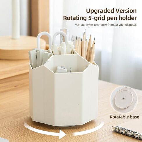 360 Rotating Plastic Desk Pen Organizer with 5 Slots, Dual-Purpose Art Supply Pencil Cup for Office, School, Home (WHITE) in Kuwait