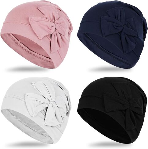 XEPST 4 PCS Chemo Headwear for Women, Flower Design Cancer Hats Soft Turban Beanie Hat Elastic Bonnet Solid Head Coverings Head Wraps Cancer Headwear for Women Patients Chemo Hair Loss Sleep Cap, B in Saudi Arabia