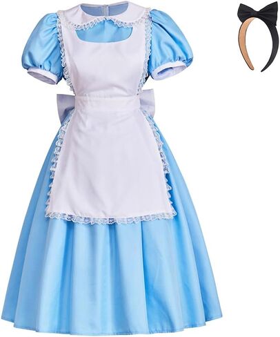 زي VintageCos Alice التنكري الأزرق للخادمة فستان فاخر للأميرة لوليتا مع عصابة شعر للهالوين in Kuwait
