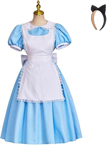 زي VintageCos Alice التنكري الأزرق للخادمة فستان فاخر للأميرة لوليتا مع عصابة شعر للهالوين in Kuwait