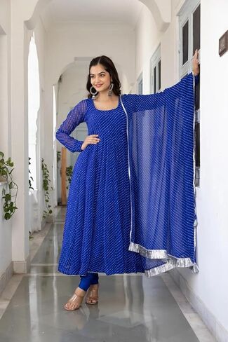 7 HORSE Women Blue Weightless Striped Anarkali Kurta Set with Pants & Dupatta | 3-Piece Suit in Saudi Arabia