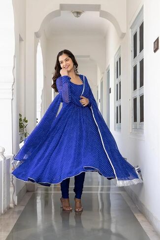 7 HORSE Women Blue Weightless Striped Anarkali Kurta Set with Pants & Dupatta | 3-Piece Suit in Saudi Arabia
