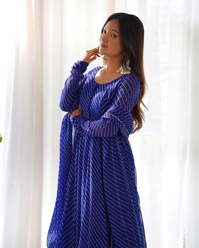 7 HORSE Women Blue Weightless Striped Anarkali Kurta Set with Pants & Dupatta | 3-Piece Suit in Saudi Arabia