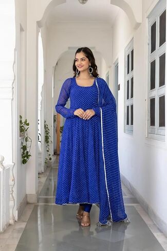 7 HORSE Women Blue Weightless Striped Anarkali Kurta Set with Pants & Dupatta | 3-Piece Suit in Saudi Arabia