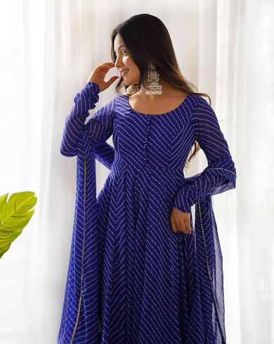 7 HORSE Women Blue Weightless Striped Anarkali Kurta Set with Pants & Dupatta | 3-Piece Suit in Saudi Arabia