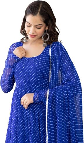 7 HORSE Women Blue Weightless Striped Anarkali Kurta Set with Pants & Dupatta | 3-Piece Suit in Saudi Arabia
